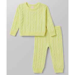 Babyhug Knitted Full Sleeves Sweatshirt & Pant Co-Ord Winter Wear Suit - Limegreen