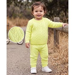 Babyhug Knitted Full Sleeves Sweatshirt & Pant Co-Ord Winter Wear Suit - Limegreen
