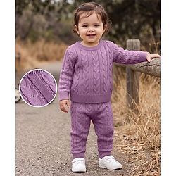 Babyhug Knitted Full Sleeves Sweatshirt & Pant Co-Ord Winter Wear Suit - Lavender