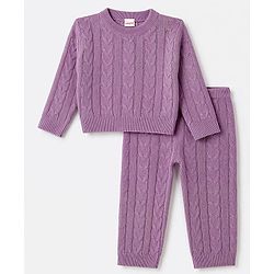 Babyhug Knitted Full Sleeves Sweatshirt & Pant Co-Ord Winter Wear Suit - Lavender