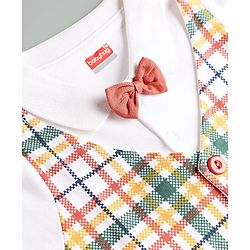 Babyhug 100% Cotton knit Full Sleeves Checked Partywear Romper With Attached Waistcoat & Bow - Multicolor