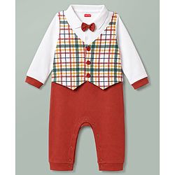 Babyhug 100% Cotton knit Full Sleeves Checked Partywear Romper With Attached Waistcoat & Bow - Multicolor