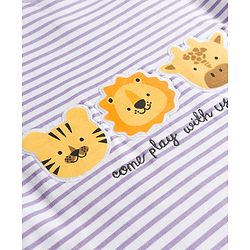 Babyhug Cotton Knit Full Sleeves  Striped Footed Sleepsuit with Animal Face Print - Lavender