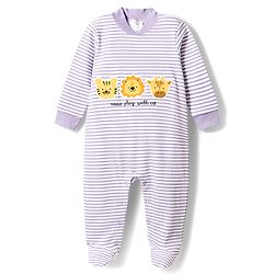 Babyhug Cotton Knit Full Sleeves  Striped Footed Sleepsuit with Animal Face Print - Lavender