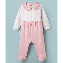 Babyhug 100% Cotton Knit Full Sleeves Floral Printed Sleepsuit Nightwear With Bow Applique - Pink