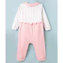 Babyhug 100% Cotton Knit Full Sleeves Floral Printed Sleepsuit Nightwear With Bow Applique - Pink