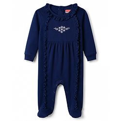 Babyhug 100% Cotton Knit Full Sleeves Footed Sleep Suit Floral Embroidery With Frill Detailing - Navy Blue