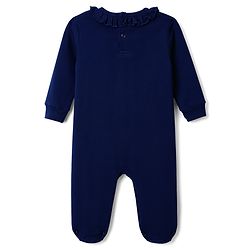 Babyhug 100% Cotton Knit Full Sleeves Footed Sleep Suit Floral Embroidery With Frill Detailing - Navy Blue