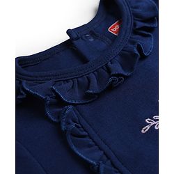 Babyhug 100% Cotton Knit Full Sleeves Footed Sleep Suit Floral Embroidery With Frill Detailing - Navy Blue