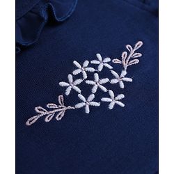 Babyhug 100% Cotton Knit Full Sleeves Footed Sleep Suit Floral Embroidery With Frill Detailing - Navy Blue