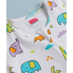 Babyhug Cotton Knit Full Sleeves Footed Sleepsuit with Jungle Theme Print - Multicolour