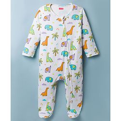 Babyhug Cotton Knit Full Sleeves Footed Sleepsuit with Jungle Theme Print - Multicolour