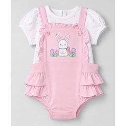 Babyhug 100% Cotton Interlock Knit Half Sleeves Bunny Print Onesie With Polka Dot Printed Tee - Light Pink