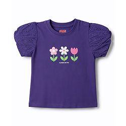 Babyhug 100% Cotton Knit Half Sleeves T-Shirt With Floral Print - Purple