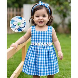 Babyhug Cotton Woven Sleeveless Checked Frock with Floral Empire Line & Headband - Blue