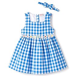 Babyhug Cotton Woven Sleeveless Checked Frock with Floral Empire Line & Headband - Blue