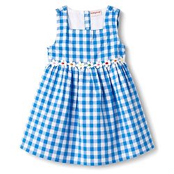 Babyhug Cotton Woven Sleeveless Checked Frock with Floral Empire Line & Headband - Blue
