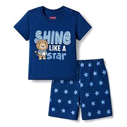Babyhug 100% Cotton Knit Half Sleeves Lion & Star Printed T-Shirt & Shorts Night Suit - Navy Blue