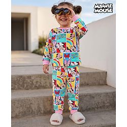 Babyhug Disney 100% Cotton Knit Full Sleeves Co-Ords T-Shirt & Pyjama Night Suit With Minnie Mouse Graphic - Multicolor