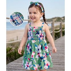 Babyhug Cotton Woven Sleeveless Frock With Floral Print& Hairband- Green