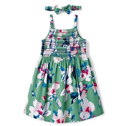 Babyhug Cotton Woven Sleeveless Frock With Floral Print& Hairband- Green