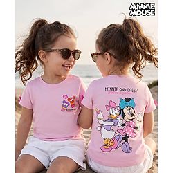 Babyhug Disney Single Jersey Knit T-Shirt with Half Sleeves & Minnie and Daisy Besties Together Print in Pink