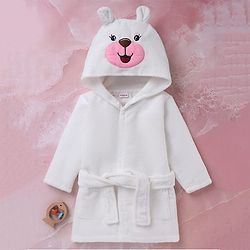 Babyhug Velour Microfiber Knit Full Sleeves Terry Hooded Bath Robe With Bear Embroidery & Applique - White