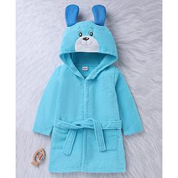 Babyhug Velour Microfiber Full Sleeves Hooded Bath Robe With Puppy Embroidery & Ear Applique - Light Blue