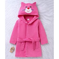 Babyhug Velour Microfiber Knit Full Sleeves Hooded Bath Robe With Cat Embroidery & Ear Applique - Dark Pink