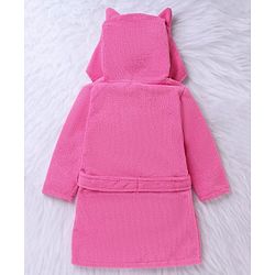 Babyhug Velour Microfiber Knit Full Sleeves Hooded Bath Robe With Cat Embroidery & Ear Applique - Dark Pink