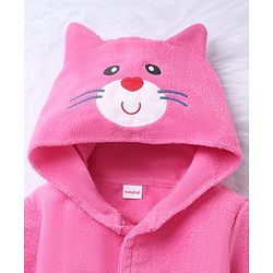 Babyhug Velour Microfiber Knit Full Sleeves Hooded Bath Robe With Cat Embroidery & Ear Applique - Dark Pink