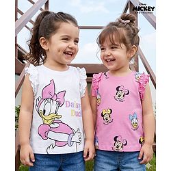 Babyhug Disney 100% Cotton Knit Sleeveless Tank T-Shirts With Minnie Mouse & Friends Graphic Pack of 2 - Pink & White