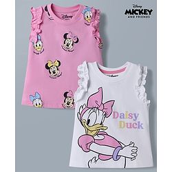 Babyhug Disney 100% Cotton Knit Sleeveless Tank T-Shirts With Minnie Mouse & Friends Graphic Pack of 2 - Pink & White