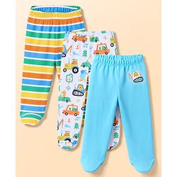 Babyhug 100% Cotton Interlock Knit Striped Animal Printed Bootie Leggings Pack of 3 - Sky