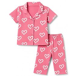 Babyhug 100% Cotton Knit Half Sleeves Front Open Shirt & Pyjama Night Suit with Hearts Print - Pink