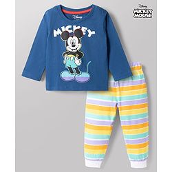 Babyhug Disney 100% Cotton Knit Full Sleeves T-Shirt & Pyjama Night Suit With Micky Mouse Graphic - Multicolor