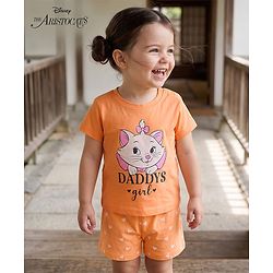 Babyhug Disney Single Jersey Knit Half Sleeves T-Shirt & Shorts Night Suit With Marie Graphics - Orange