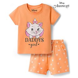 Babyhug Disney Single Jersey Knit Half Sleeves T-Shirt & Shorts Night Suit With Marie Graphics - Orange