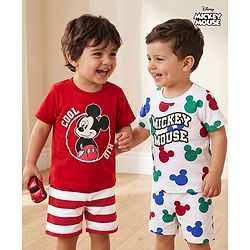 Babyhug Disney Single Jersey Knit Half Sleeves T-Shirt & Shorts Night Suit With Mickey Mouse Graphics Pack of 2 - Multicolor