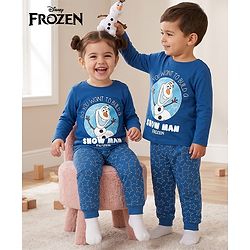 Babyhug Disney Single Jersey Knit Full Sleeves T-Shirt & Pyjama Night Suit With Olaf Graphic & Star Print - Navy Blue