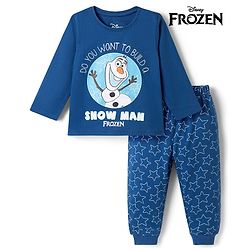 Babyhug Disney Single Jersey Knit Full Sleeves T-Shirt & Pyjama Night Suit With Olaf Graphic & Star Print - Navy Blue