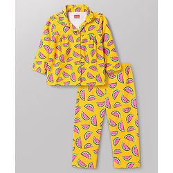 Babyhug Cotton Knit Full Sleeves Top & Pyjama Co-Ord Night Suit With Watermelon Print - Yellow