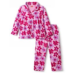 Babyhug Cotton Knit Full Sleeves Front Open Co-Ords Floral Printed Top & Pajama Night Suit - Pink