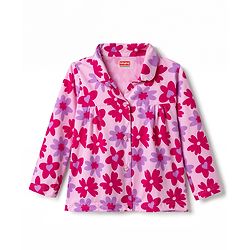 Babyhug Cotton Knit Full Sleeves Front Open Co-Ords Floral Printed Top & Pajama Night Suit - Pink