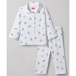 Babyhug Cotton Knit Full Sleeves Aeroplane Printed Co-Ords Shirt & Pyjama Night Suit - White