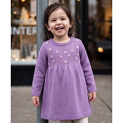 Babyhug Sweater-knit Full Sleeves Woollen Dress with Floral Embroidery - Lavender