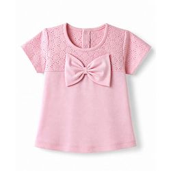 Babyhug 100% Cotton Woven Half Sleeves Top with Schiffli & Bow Detailing - Pink