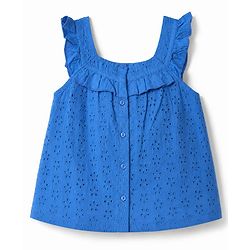Babyhug 100% Cotton Woven Top with Sleeveless and Floral Schiffli Detailing - Blue