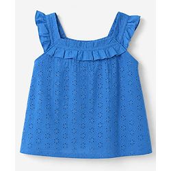 Babyhug 100% Cotton Woven Top with Sleeveless and Floral Schiffli Detailing - Blue