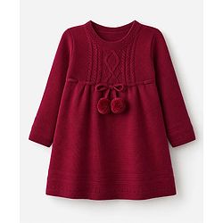 Babyhug Cable Sweater-knit Full Sleeves Woolen Dress with Knot - Maroon